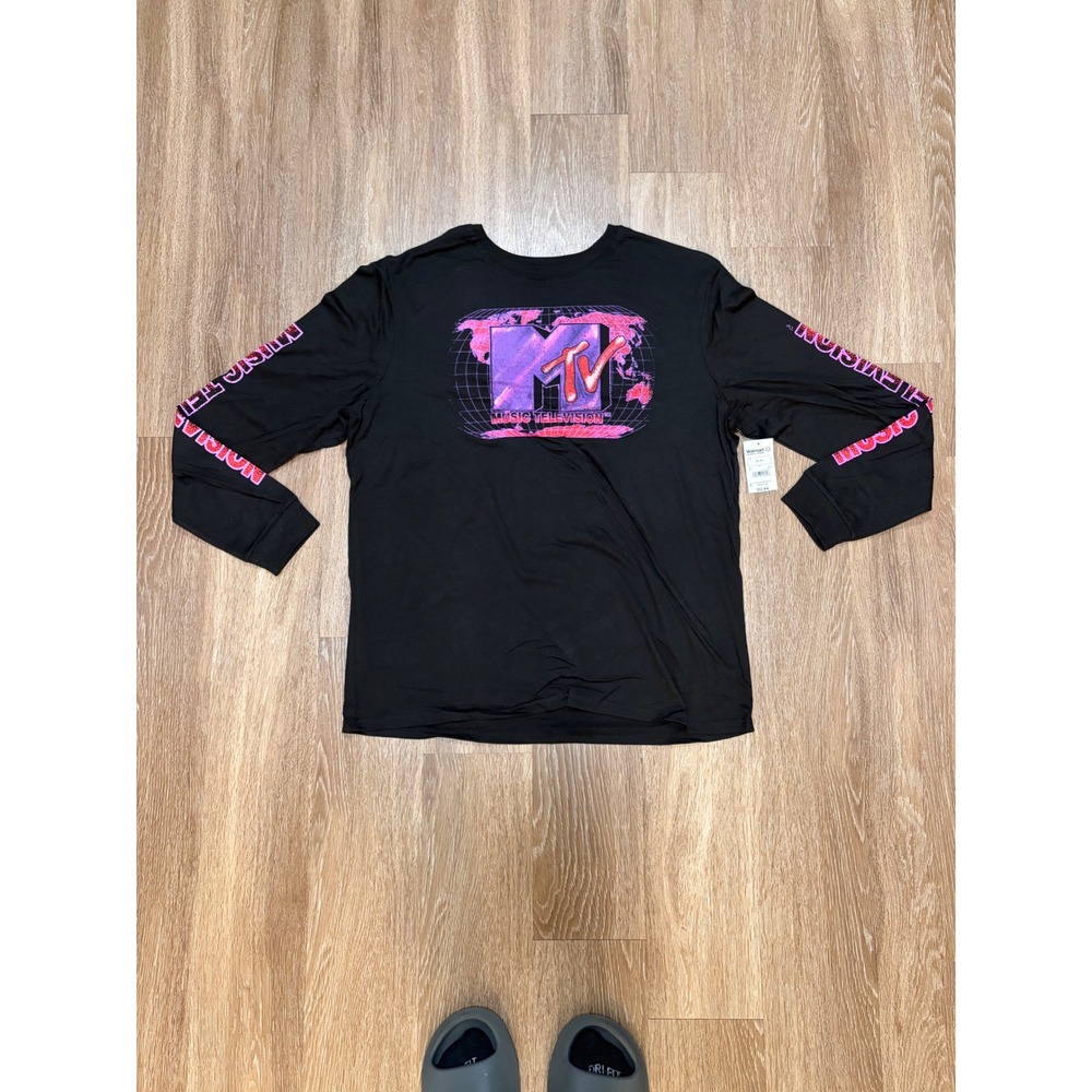 MTV Mens Long Sleeve Graphic T-Shirt Black Pink Globe Logo XL New With Tags